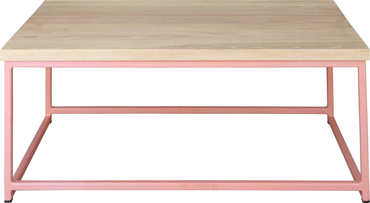 Pink metal table with whitewash stain ash wood made in UK - front view square frame
