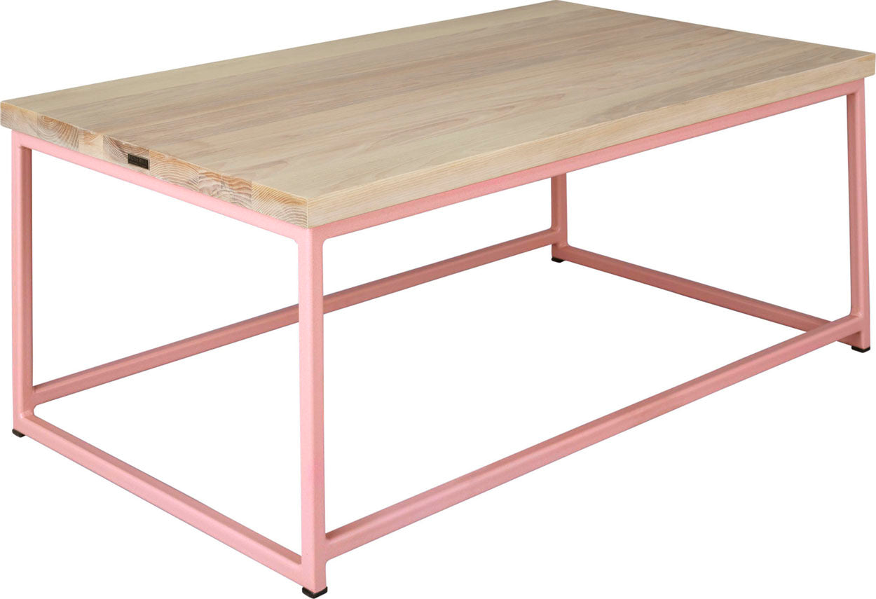 Pink metal table with whitewash stain ash wood made in UK - angle view square frame