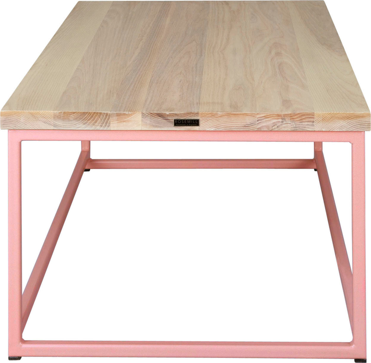 Pink metal table with whitewash stain ash wood made in UK - back view square frame