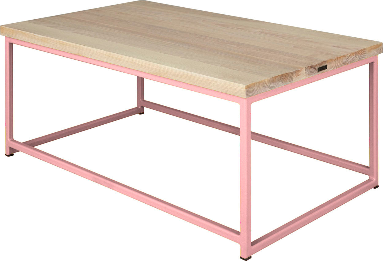 Pink metal table with whitewash stain ash wood made in UK - back side view square frame