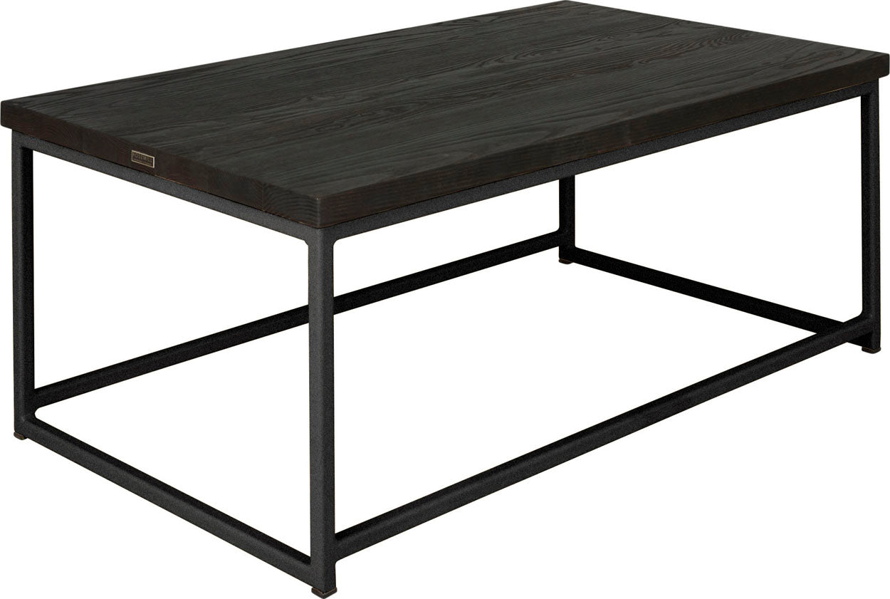 Gloss black metal table with black stain ash wood made in UK - angle view square frame