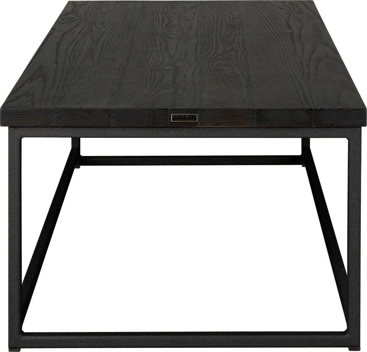 Gloss black metal table with black stain ash wood made in UK - side view square frame