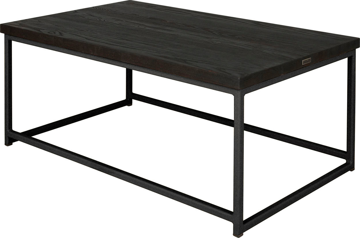 Gloss black metal table with black stain ash wood made in UK - back side view square frame