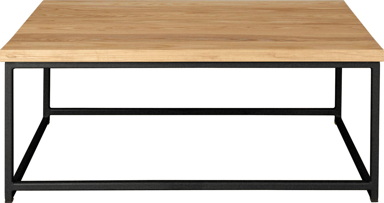 Gloss black metal table with natural stain ash wood made in UK - front view square frame