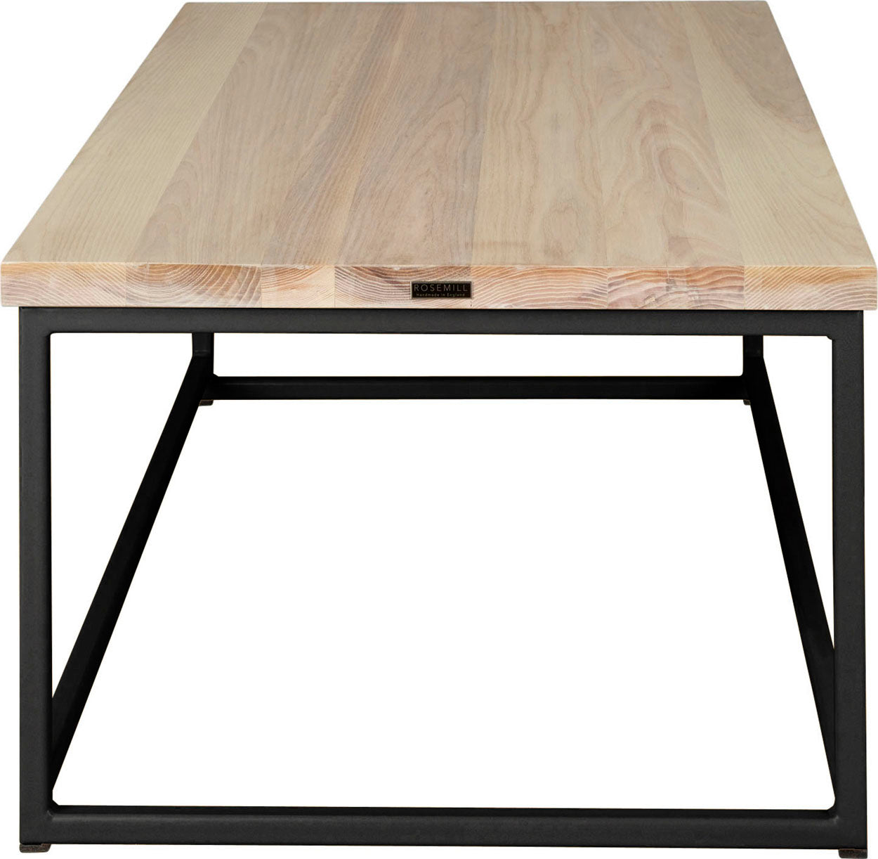 Gloss black metal table with whitewash stain ash wood made in UK - side view square frame