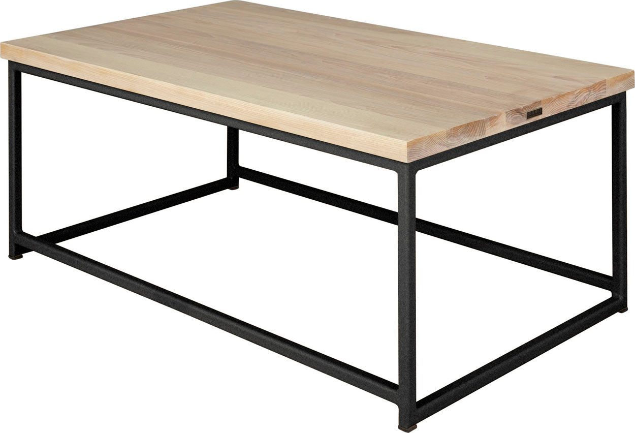 Gloss black metal table with whitewash stain ash wood made in UK - back side view square frame