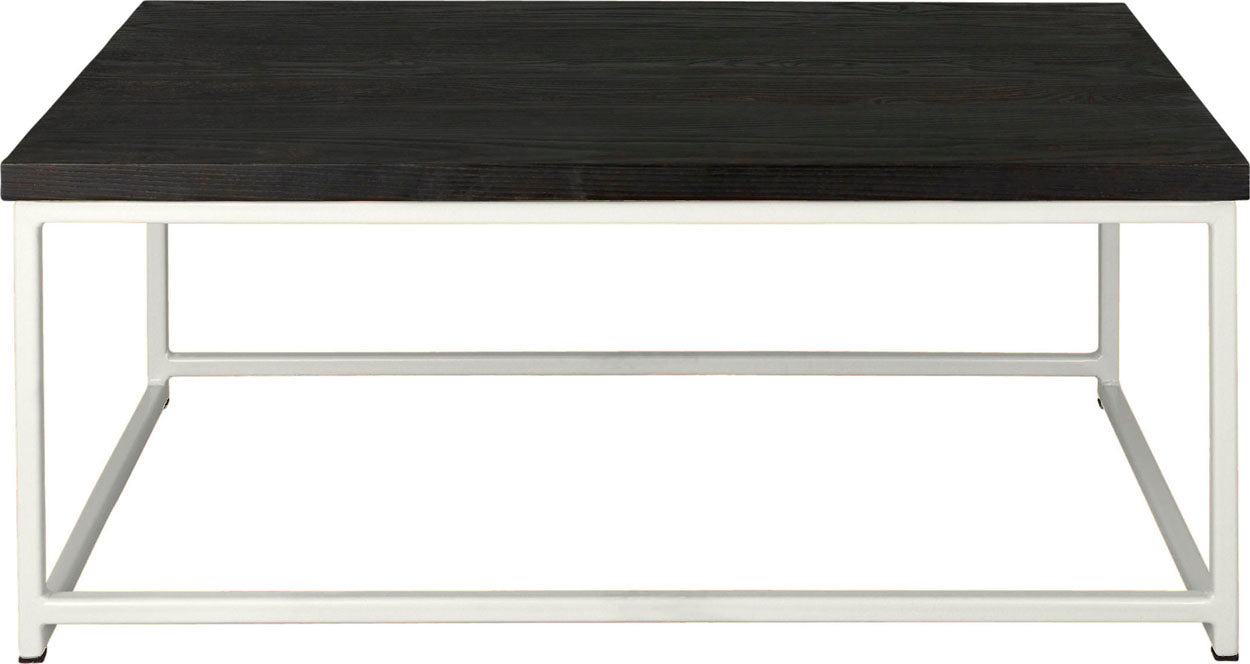 Gloss white metal table with black stain ash wood made in UK - front view square frame