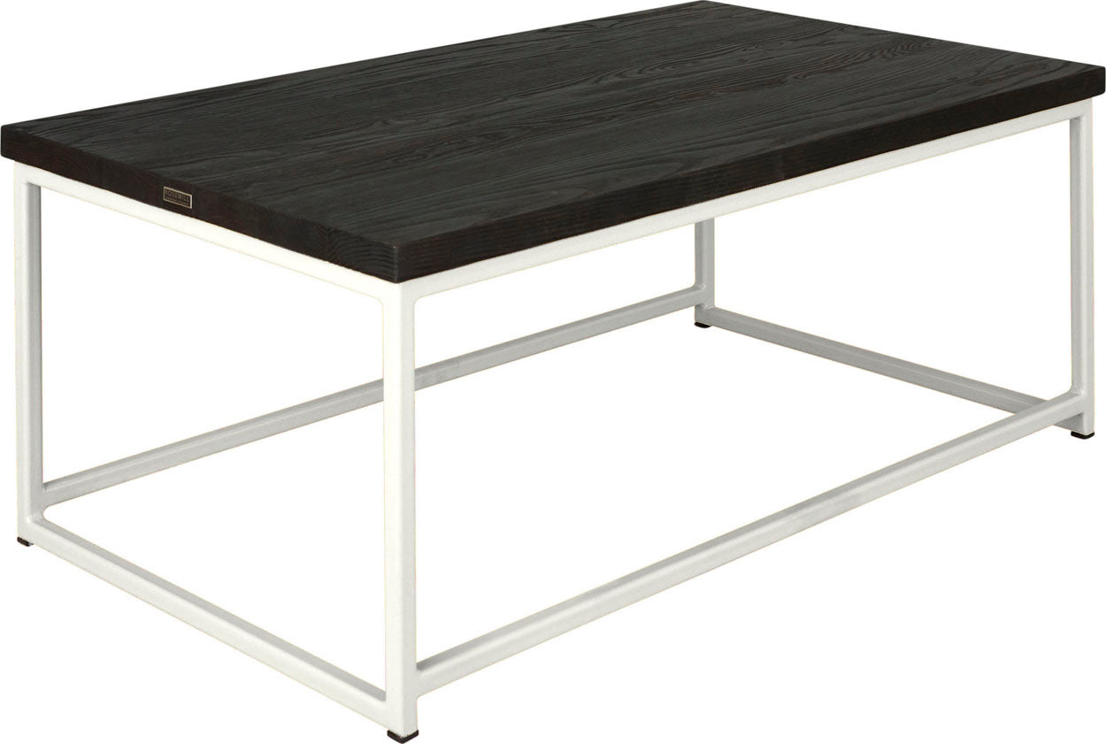 Gloss white metal table with black stain ash wood made in UK - angle view square frame