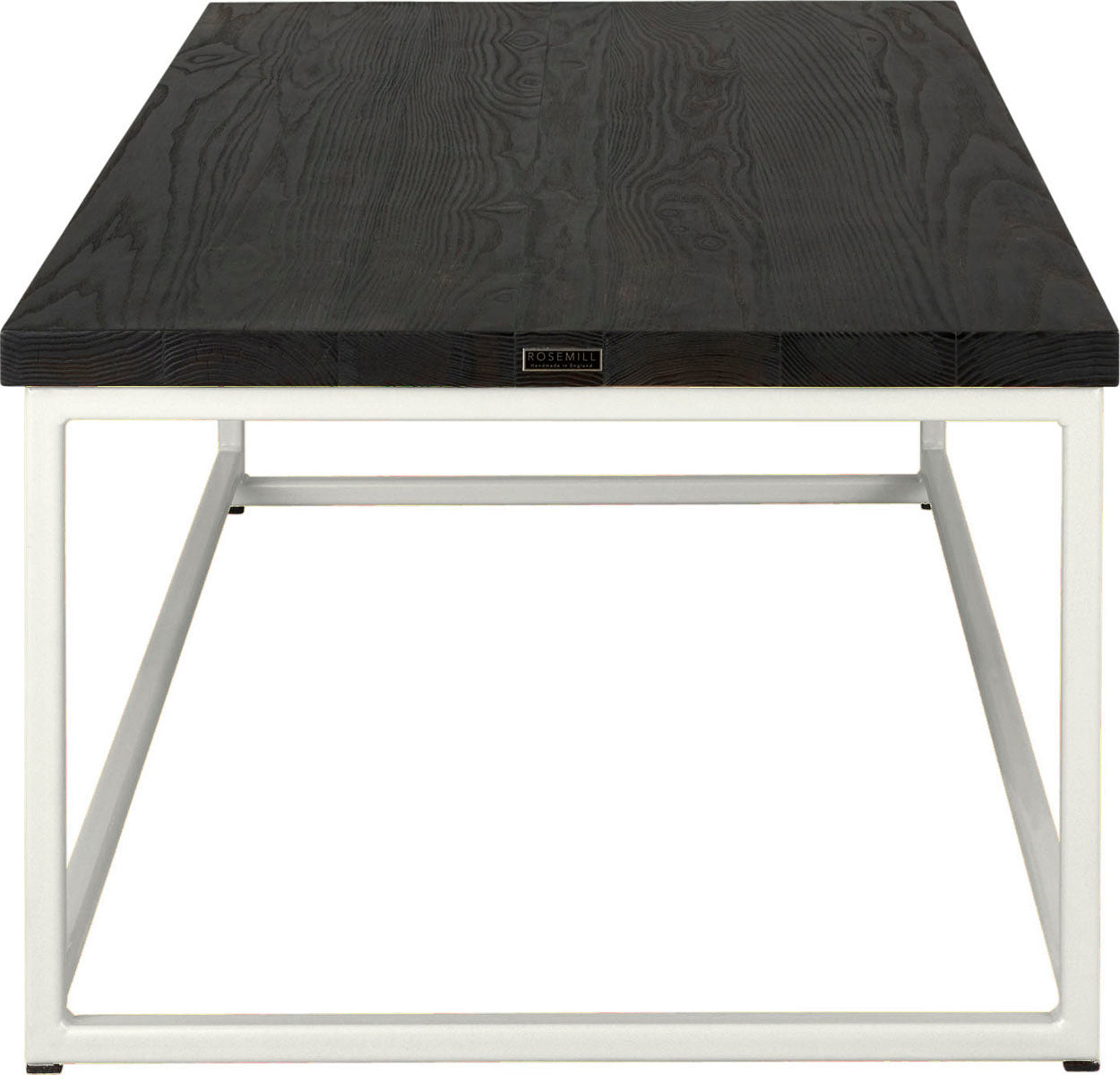 Gloss white metal table with black stain ash wood made in UK - side view square frame