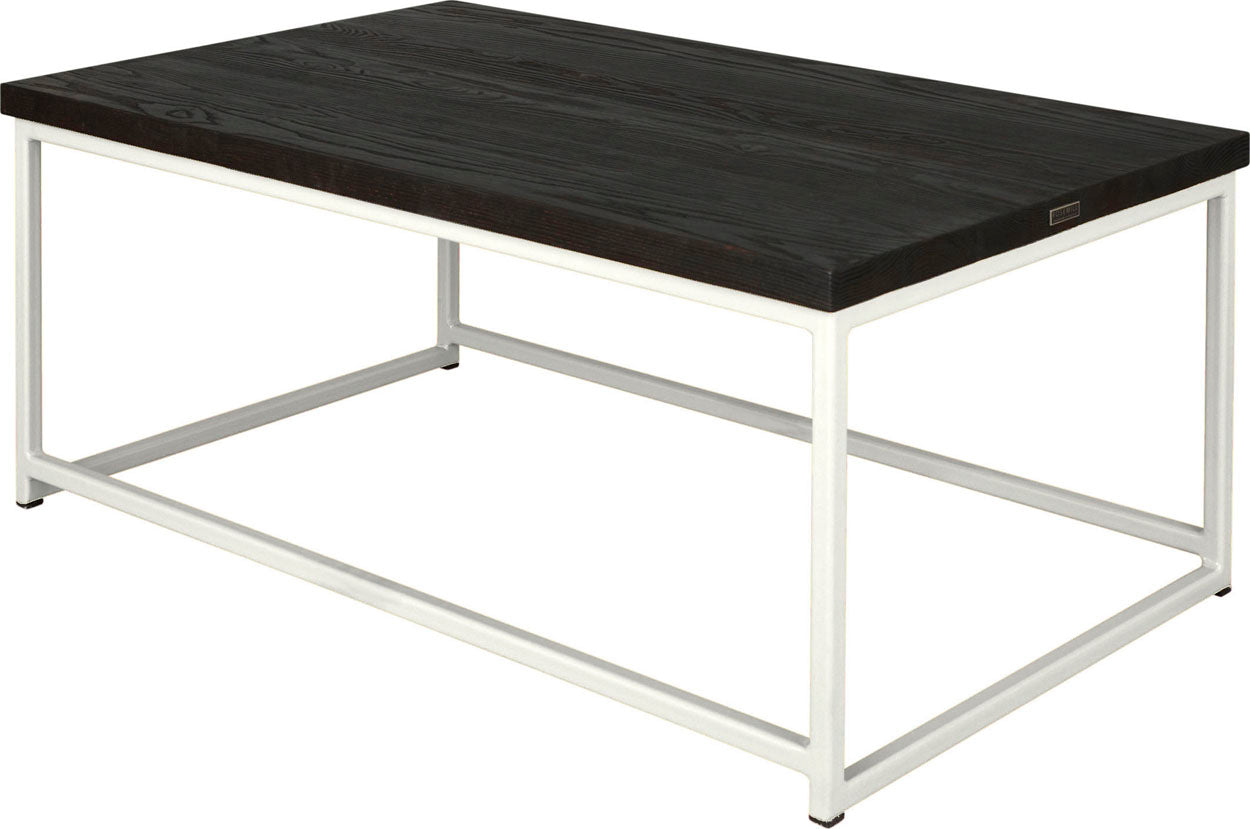 Gloss white metal table with black stain ash wood made in UK - back side view square frame