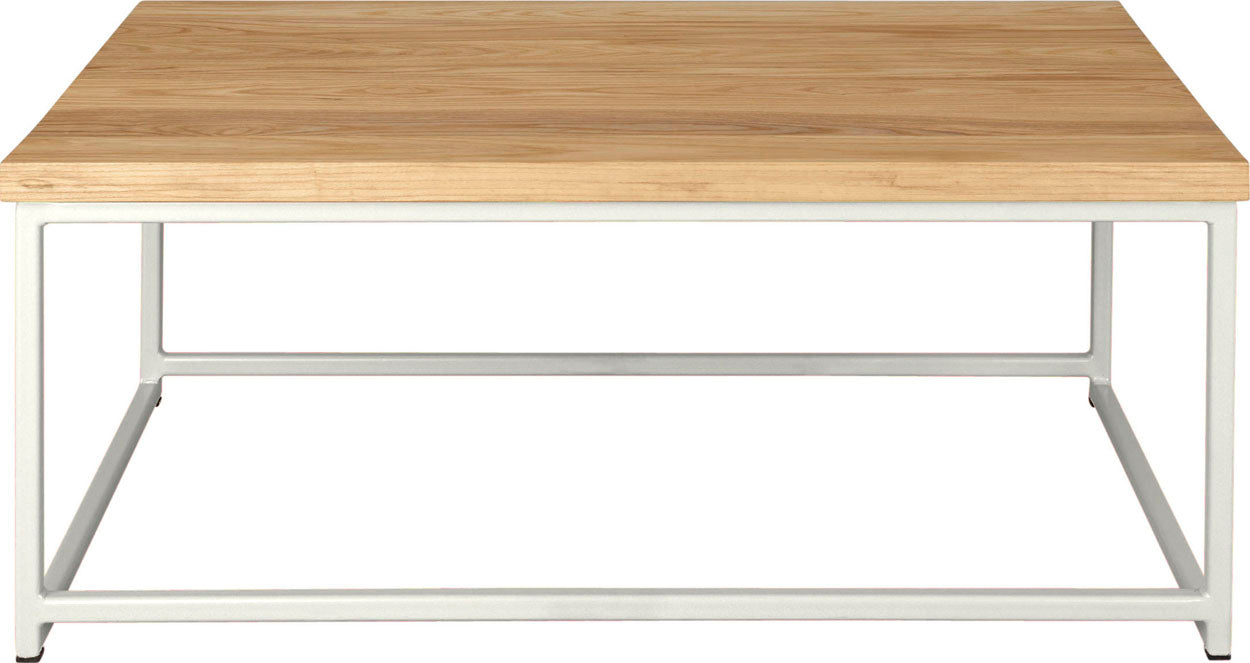 Gloss white metal table with natural stain ash wood made in UK - front view square frame