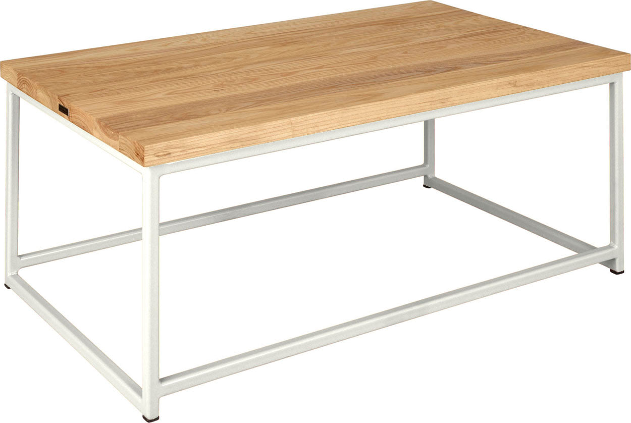 Gloss white metal table with natural stain ash wood made in UK - angle view square frame