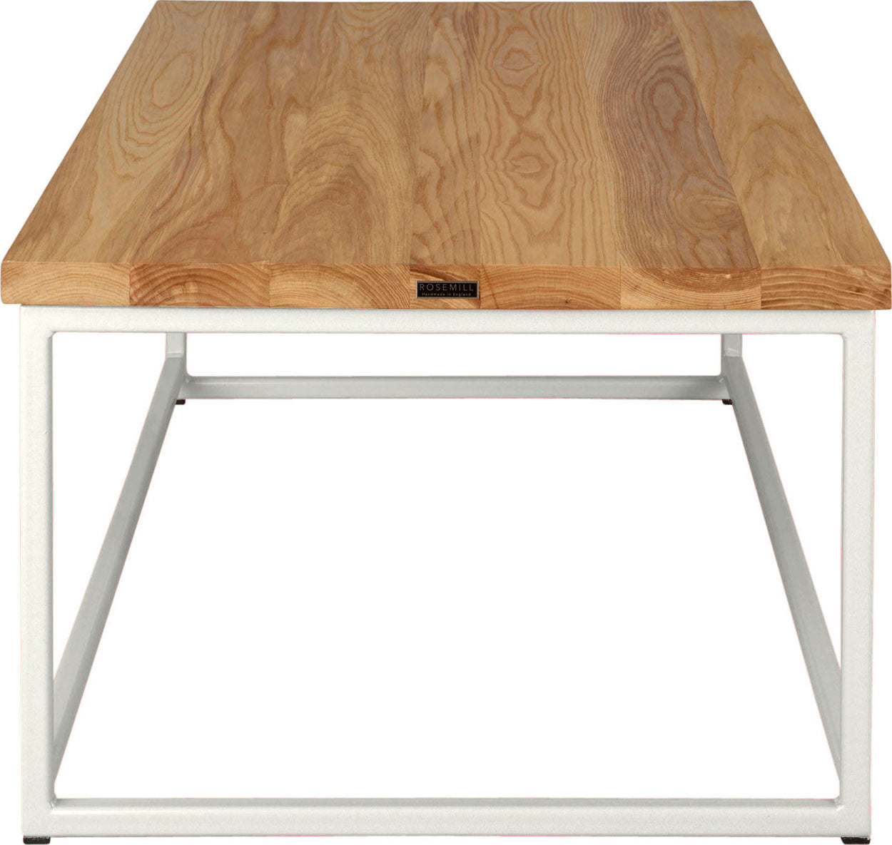 Gloss white metal table with natural stain ash wood made in UK - side view square frame