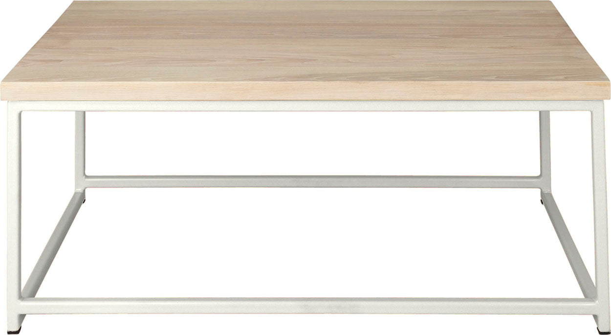 Gloss white metal table with whitewash stain ash wood made in UK - front view square frame