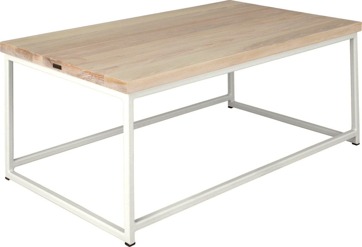 Gloss white metal table with whitewash stain ash wood made in UK - angle view square frame