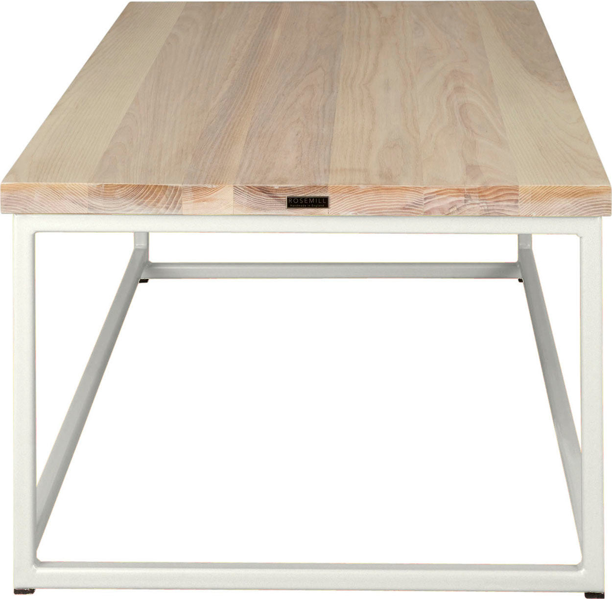 Gloss white metal table with whitewash stain ash wood made in UK - side view square frame