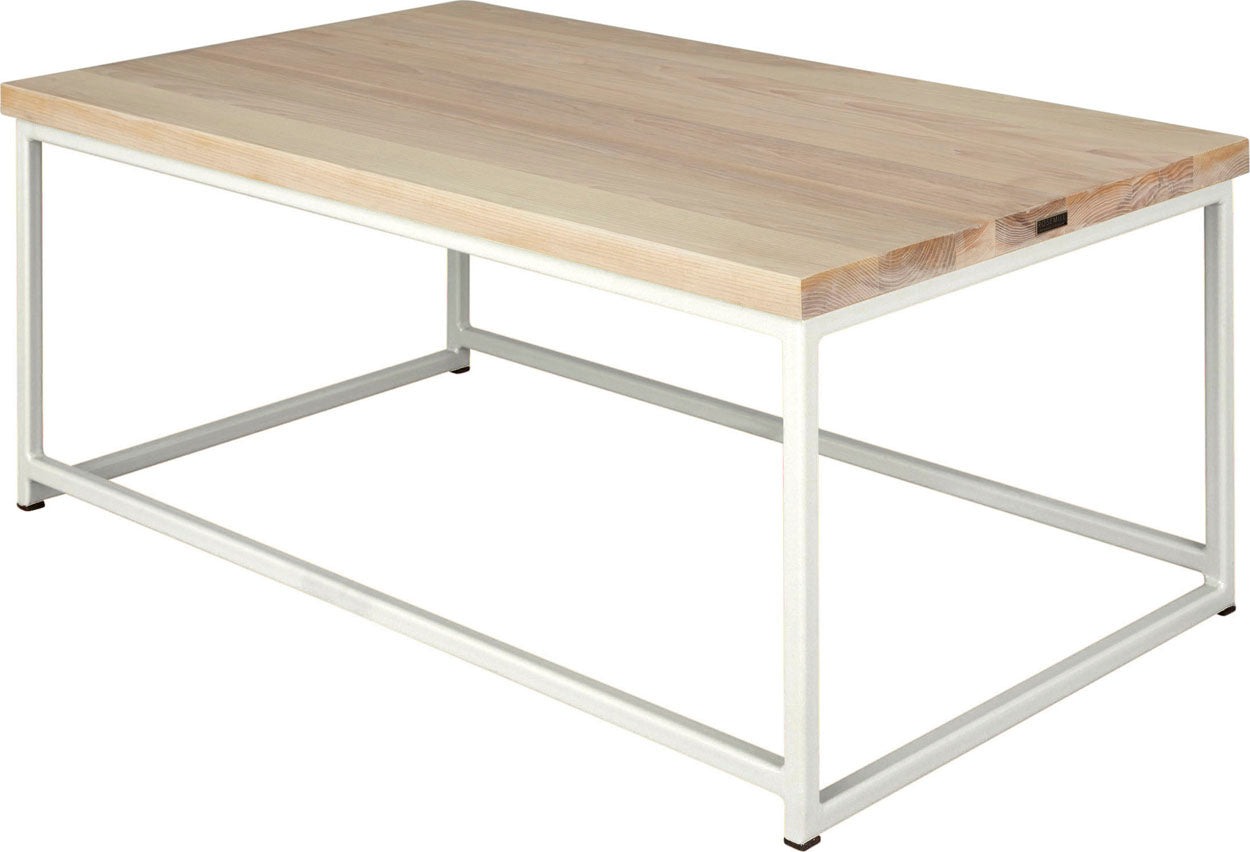 Gloss white metal table with whitewash stain ash wood made in UK - back side view square frame