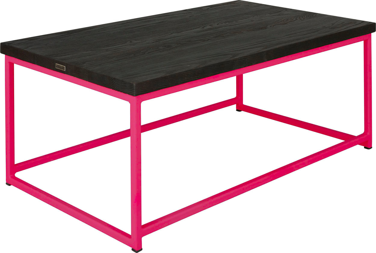 Hot pink metal table with black stain ash wood made in UK - angle view square frame