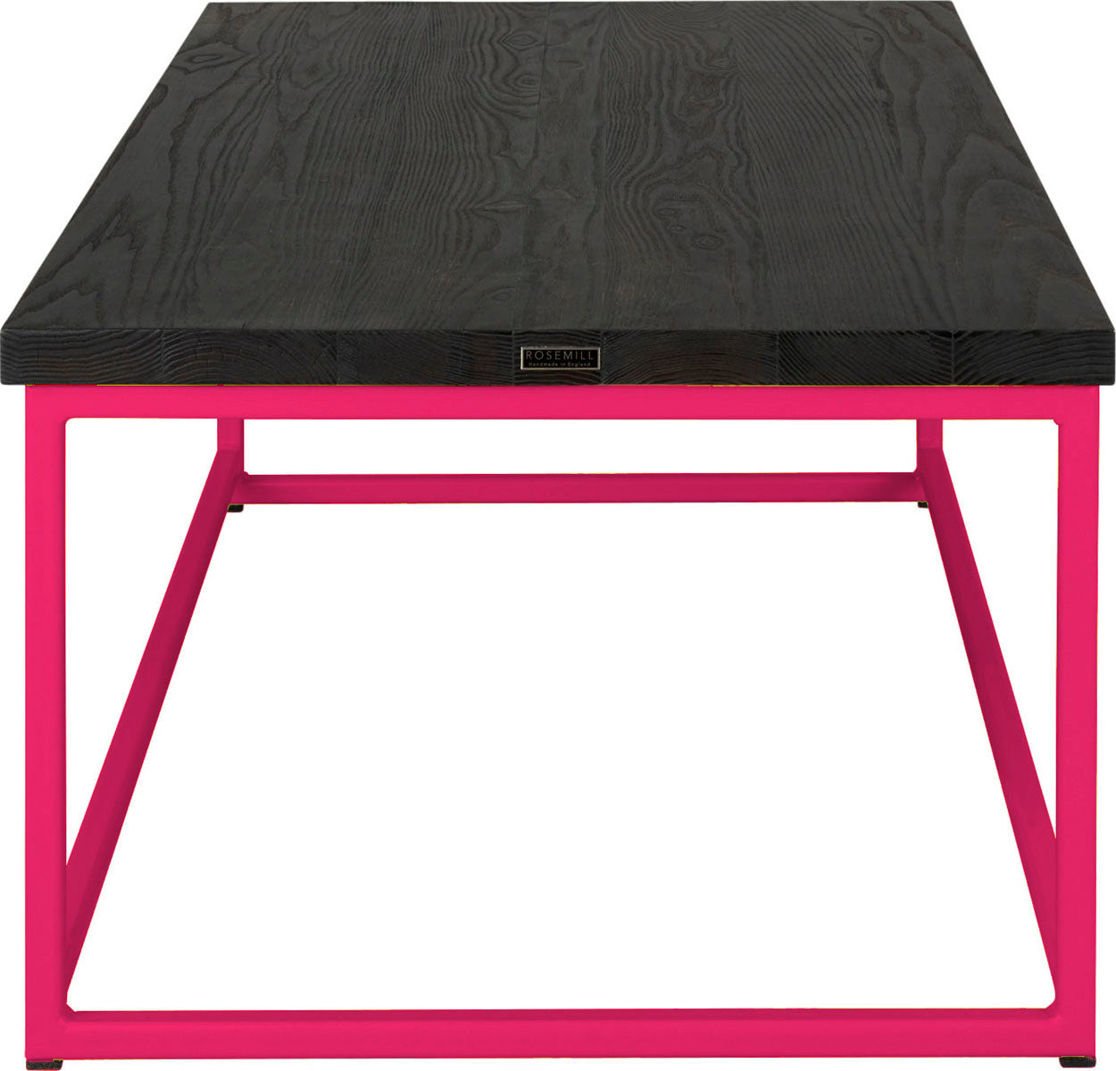 Hot pink metal table with black stain ash wood made in UK - side view square frame