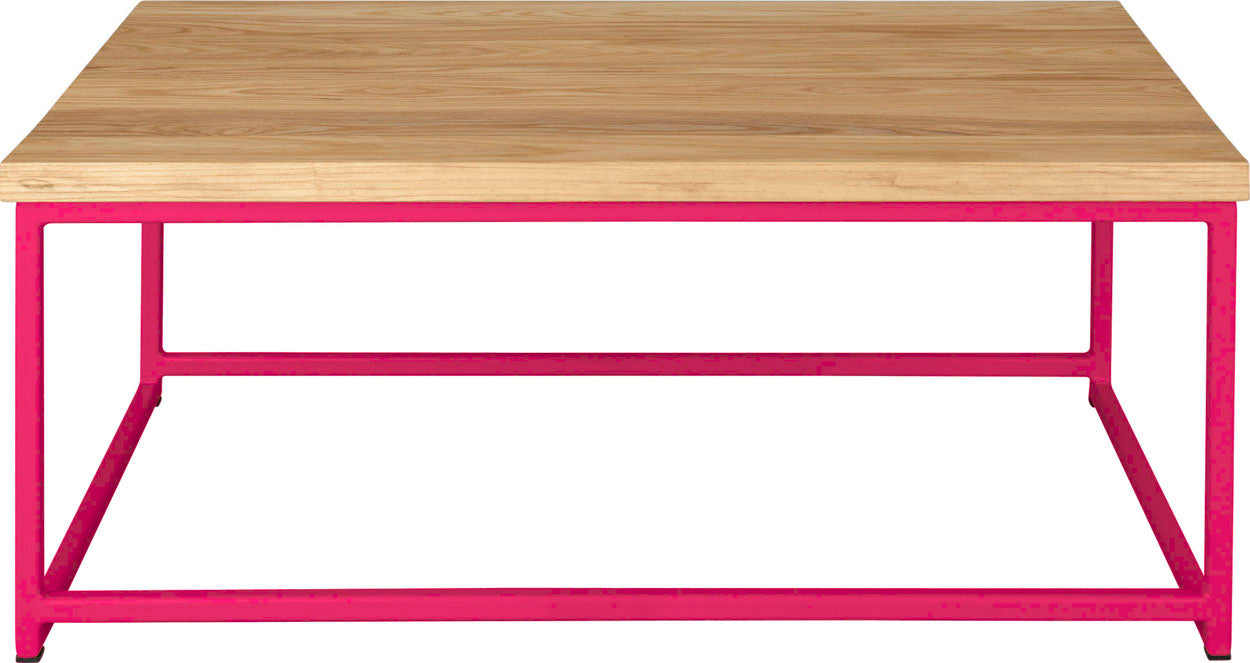 Hot pink metal table with natural stain ash wood made in UK - front view square frame