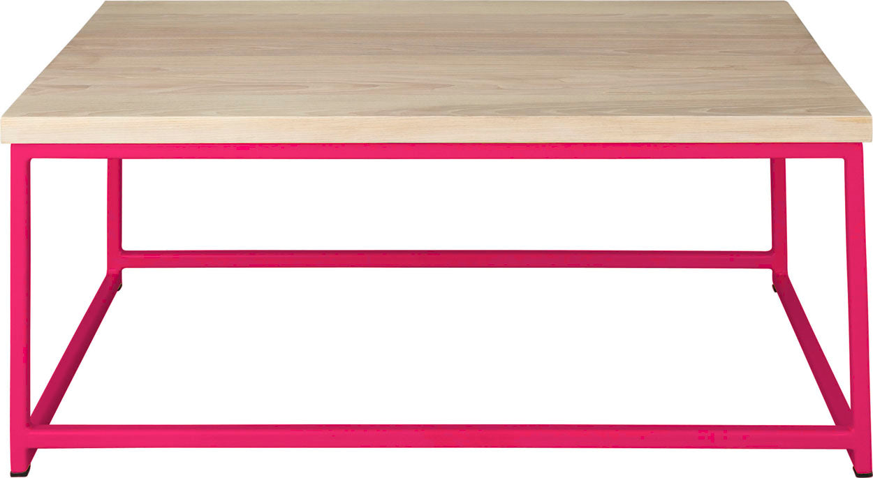 Hot pink metal table with whitewash stain ash wood made in UK - front view square frame