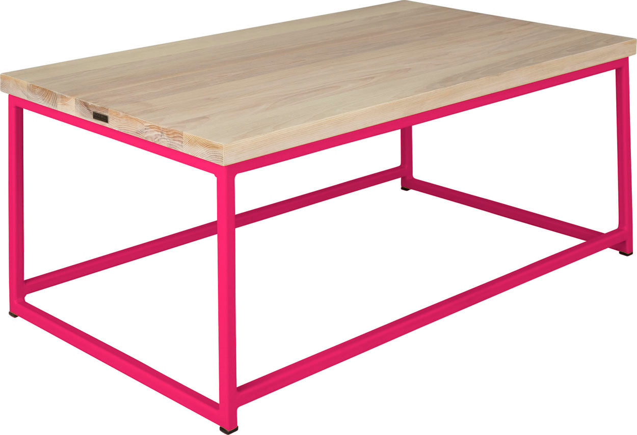 Hot pink metal table with whitewash stain ash wood made in UK - angle view square frame