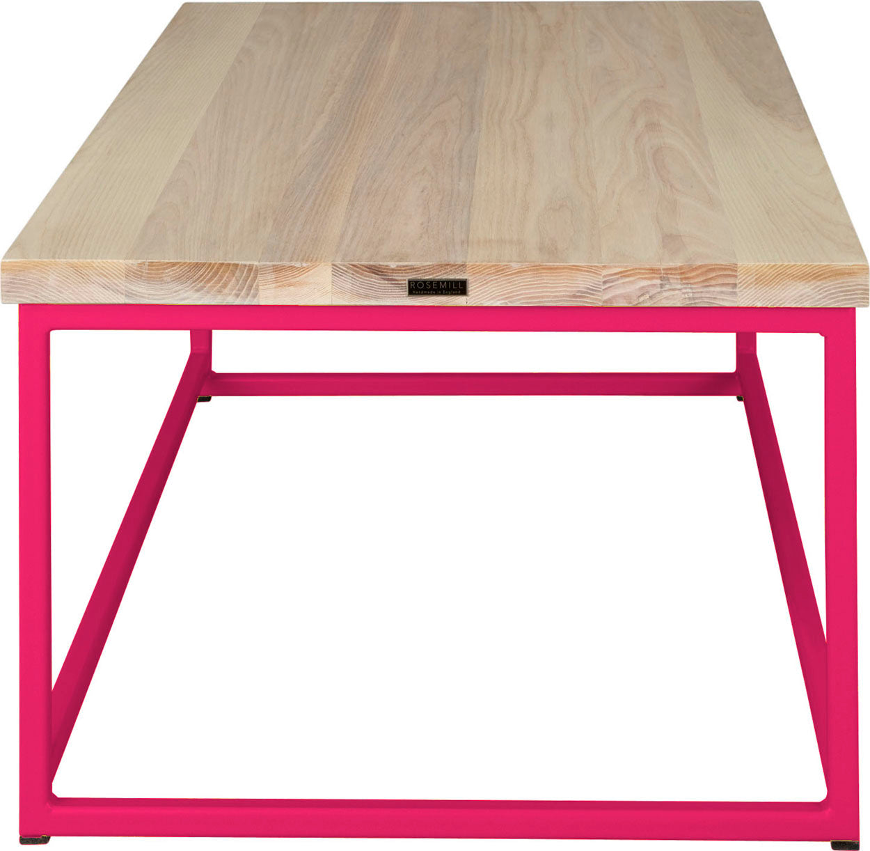 Hot pink metal table with whitewash stain ash wood made in UK - side view square frame