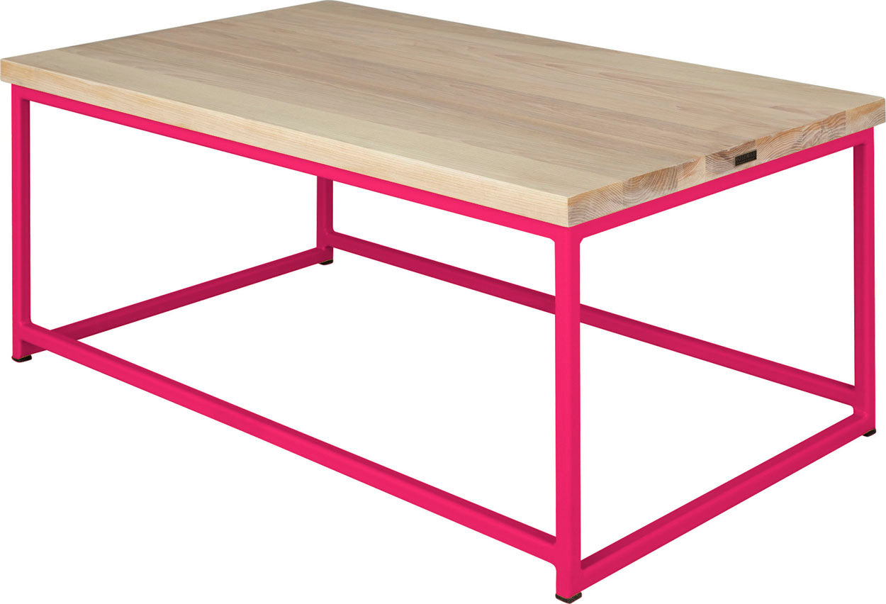Hot pink metal table with whitewash stain ash wood made in UK - back side view square frame