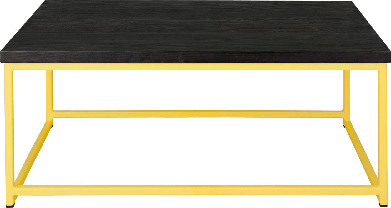 Yellow metal table with black stain ash wood made in UK - front view square frame