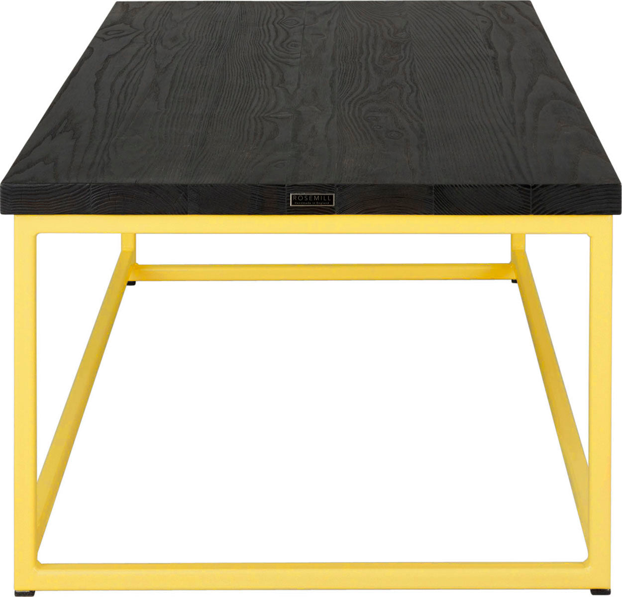 Yellow metal table with black stain ash wood made in UK - side view square frame