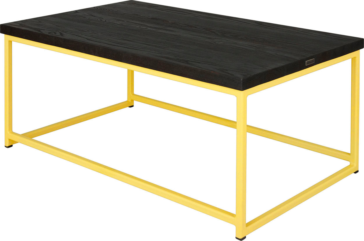 Yellow metal table with black stain ash wood made in UK - back side view square frame