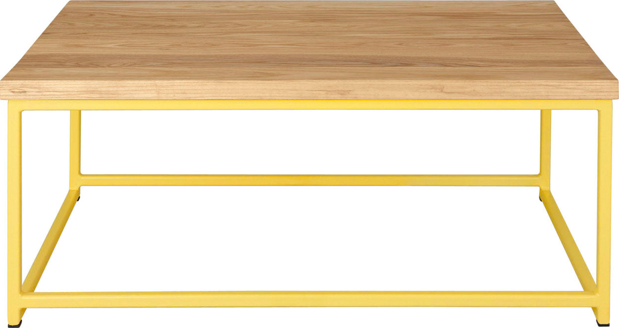 Yellow metal table with natural stain ash wood made in UK - front view square frame