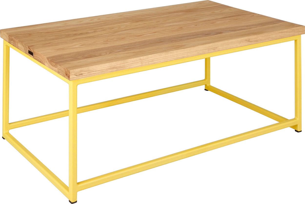 Yellow metal table with natural stain ash wood made in UK - angle view square frame