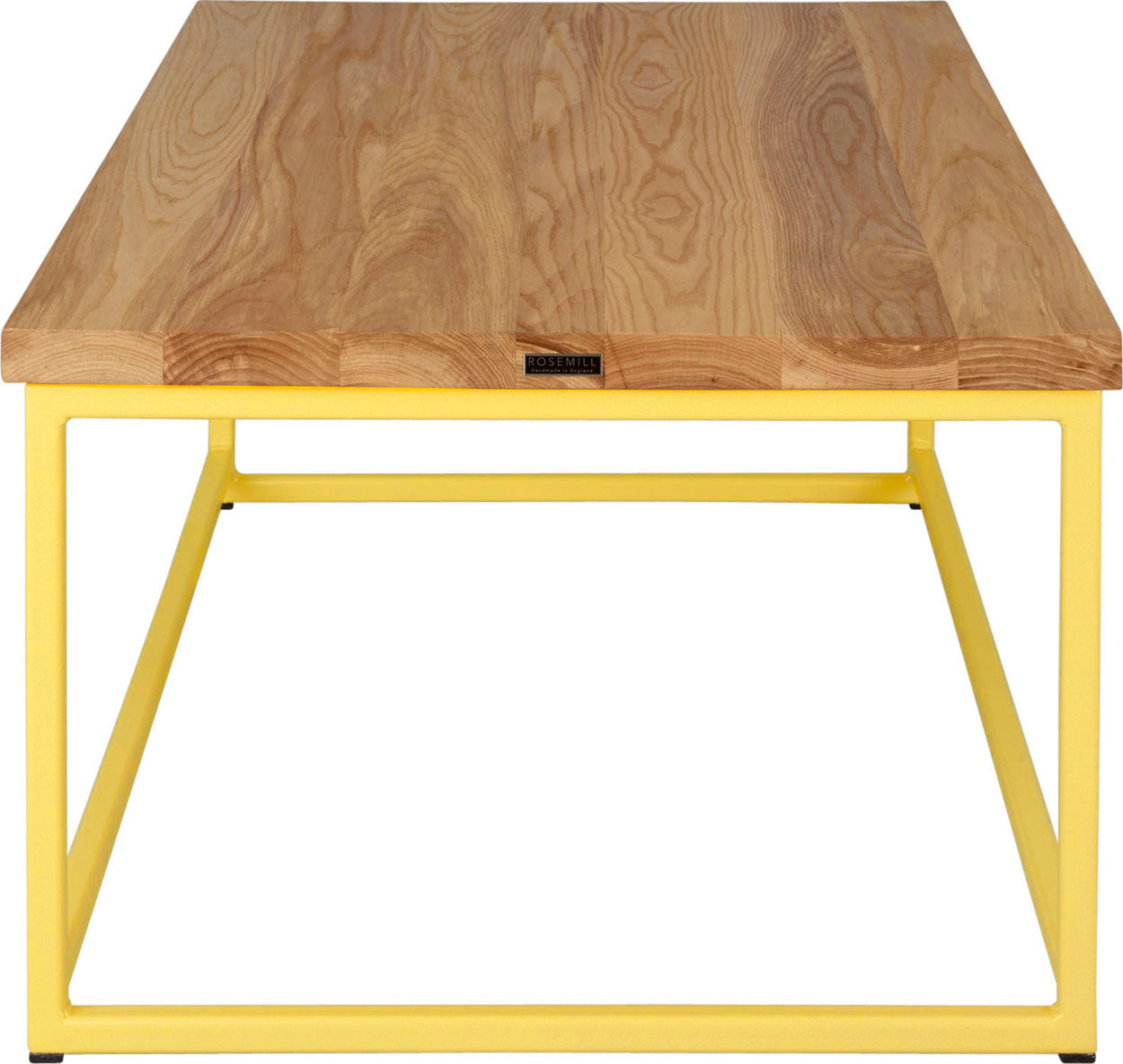 Yellow metal table with natural stain ash wood made in UK - side view square frame