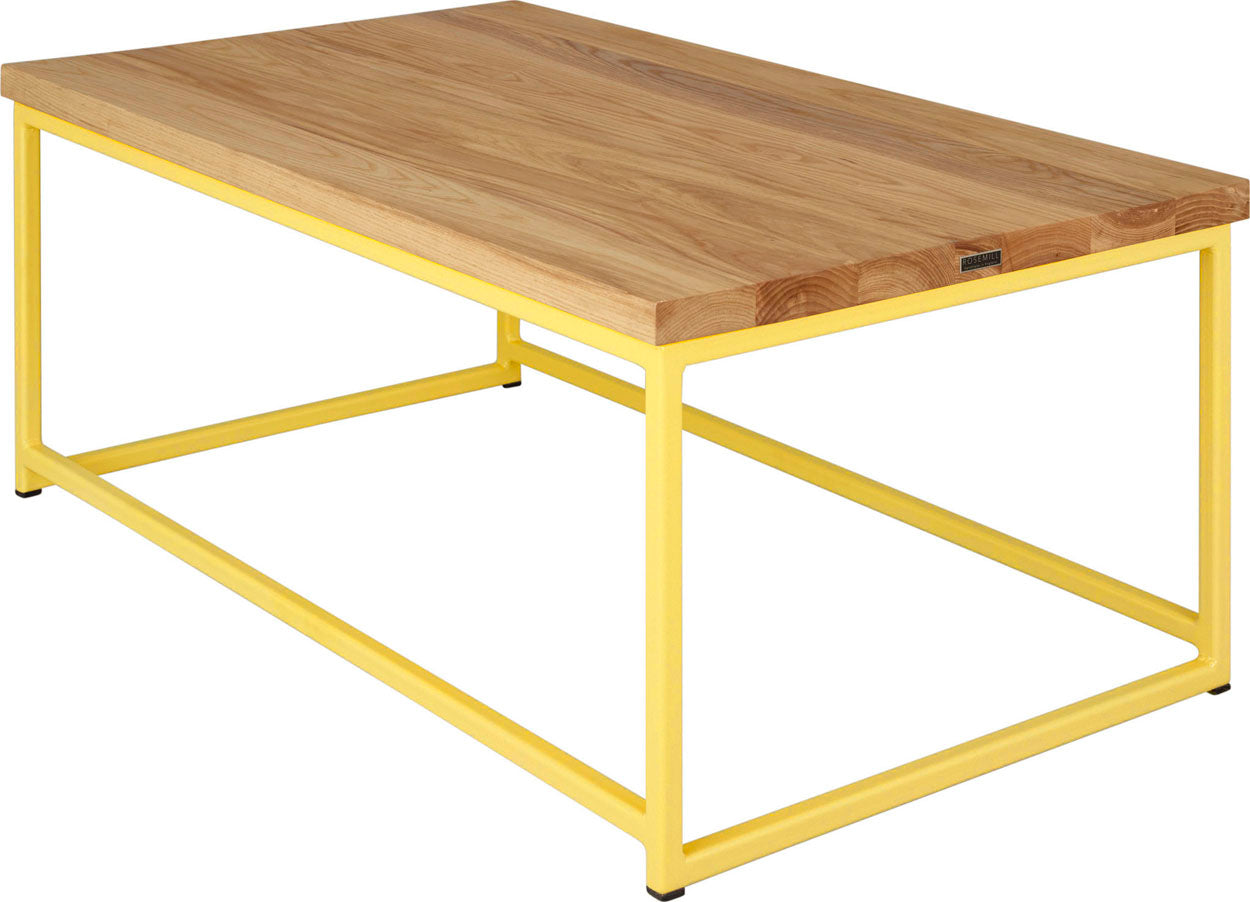Yellow metal table with natural stain ash wood made in UK - back side view square frame