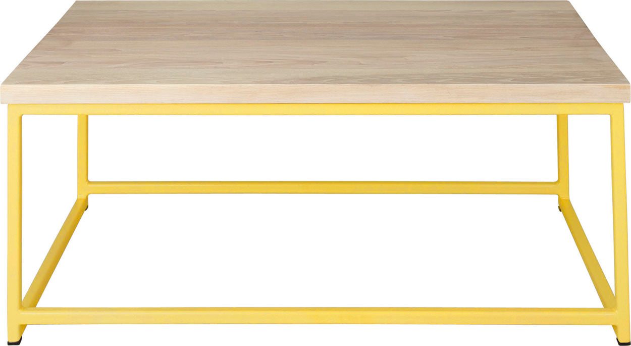 Yellow metal table with whitewash stain ash wood made in UK - front view square frame