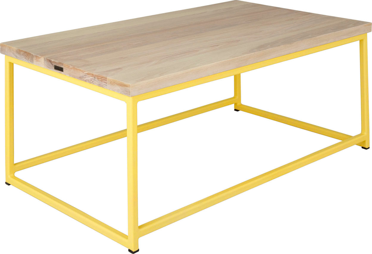 Yellow metal table with whitewash stain ash wood made in UK - angle view square frame