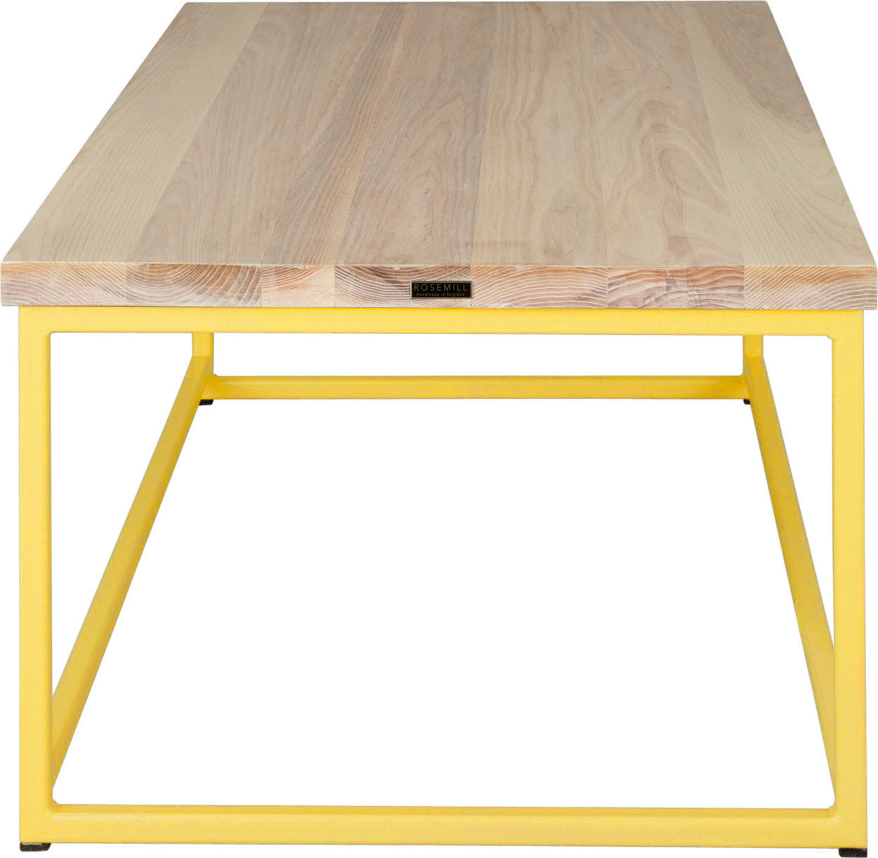 Yellow metal table with whitewash stain ash wood made in UK - side view square frame