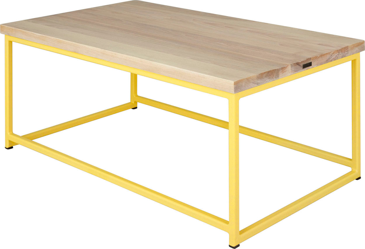 Yellow metal table with whitewash stain ash wood made in UK - back side view square frame