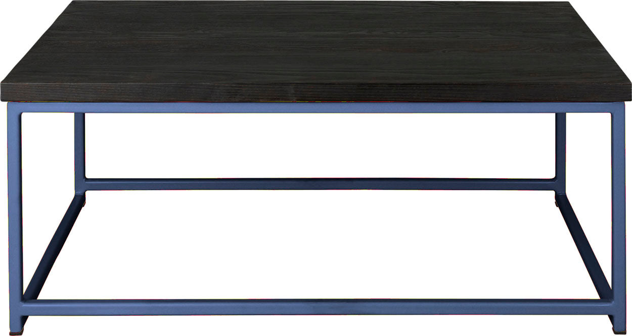 Blue metal table with black stain ash wood made in UK - front view square frame