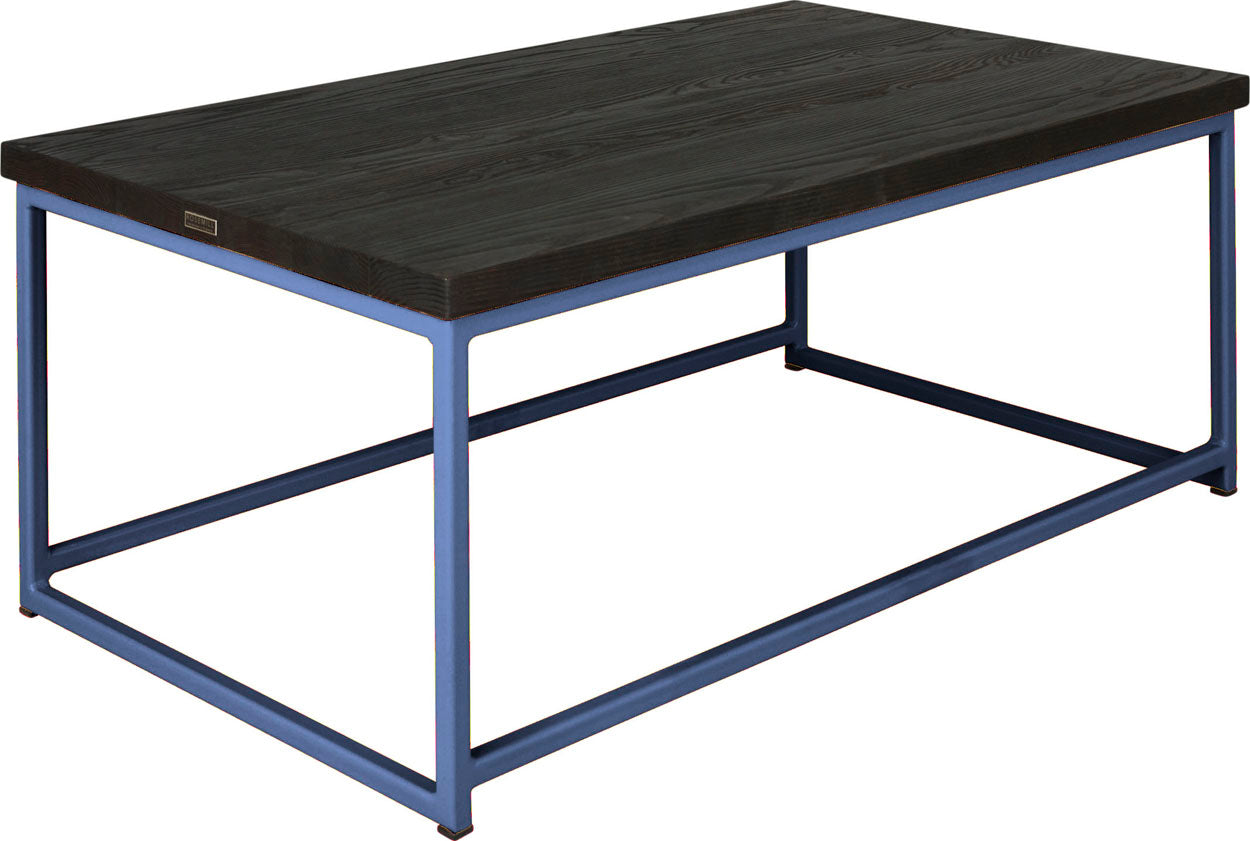 Blue metal table with black stain ash wood made in UK - angle view square frame
