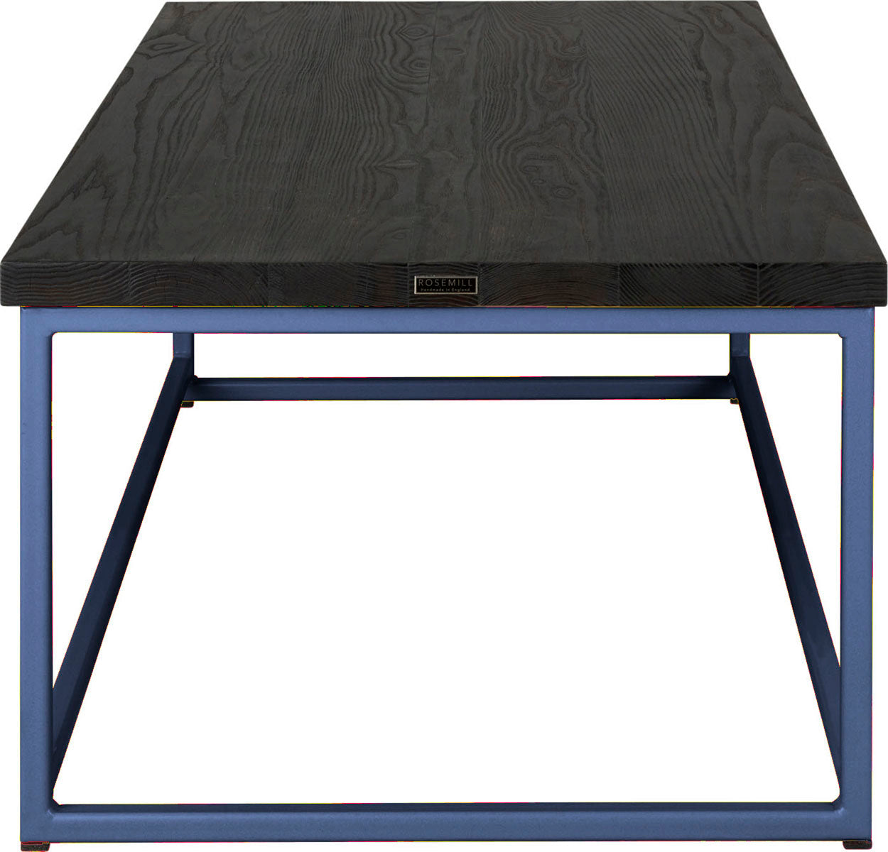 Blue metal table with black stain ash wood made in UK - side view square frame