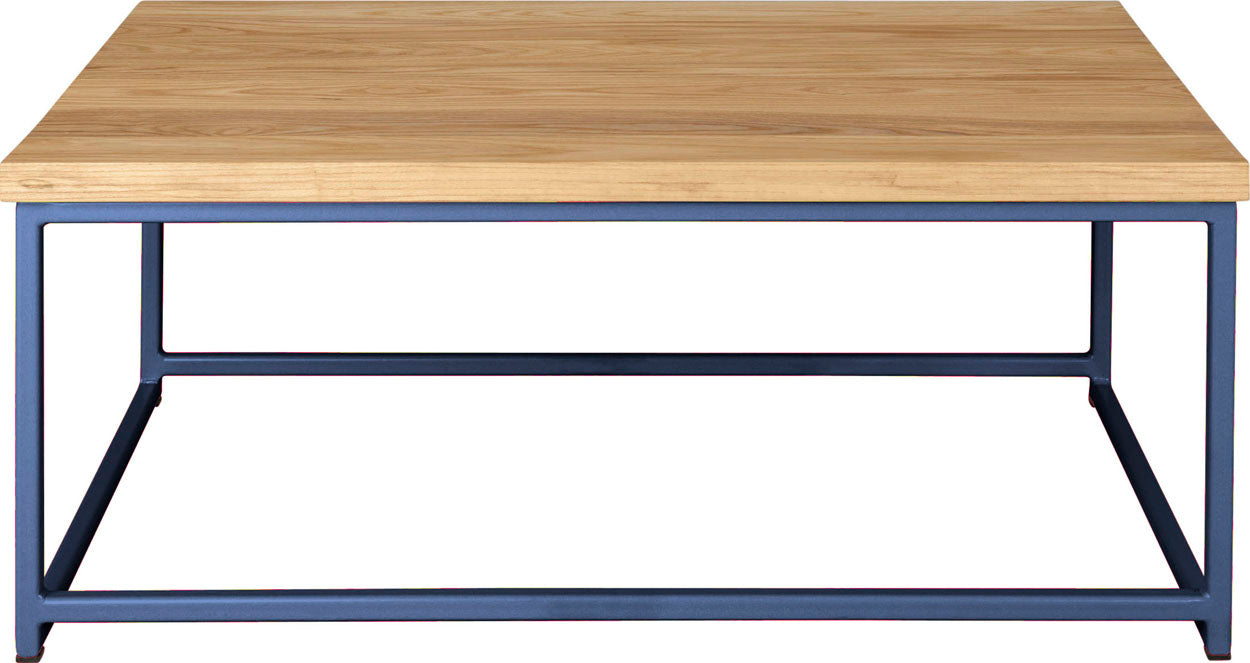 Blue metal table with natural stain ash wood made in UK - front view square frame