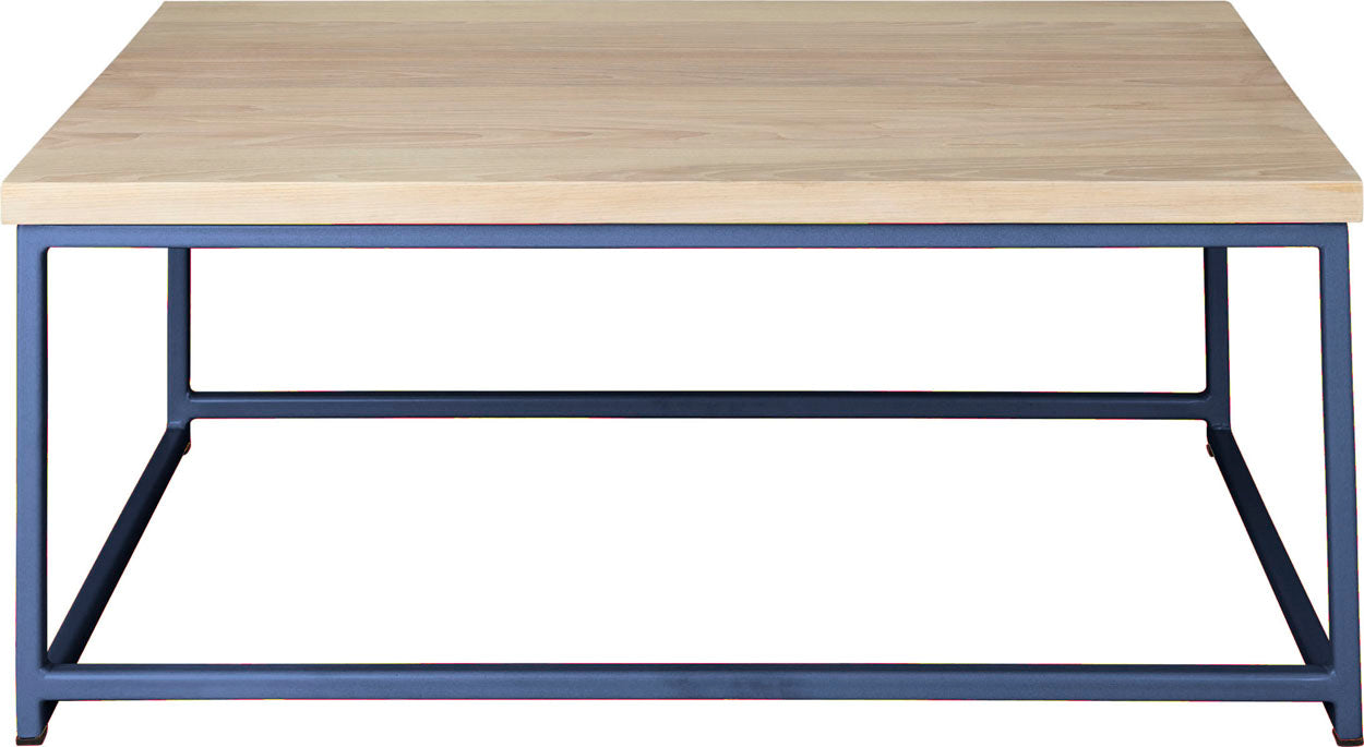 Blue metal table with whitewash stain ash wood made in UK - front view square frame