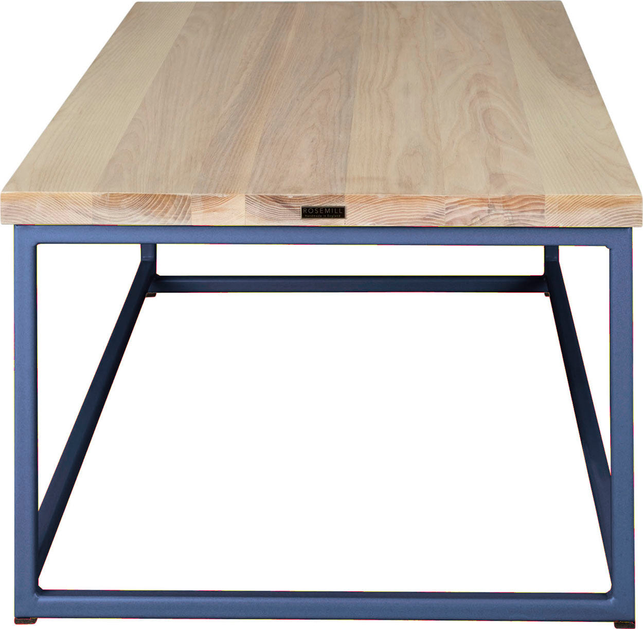 Blue metal table with whitewash stain ash wood made in UK - side view square frame