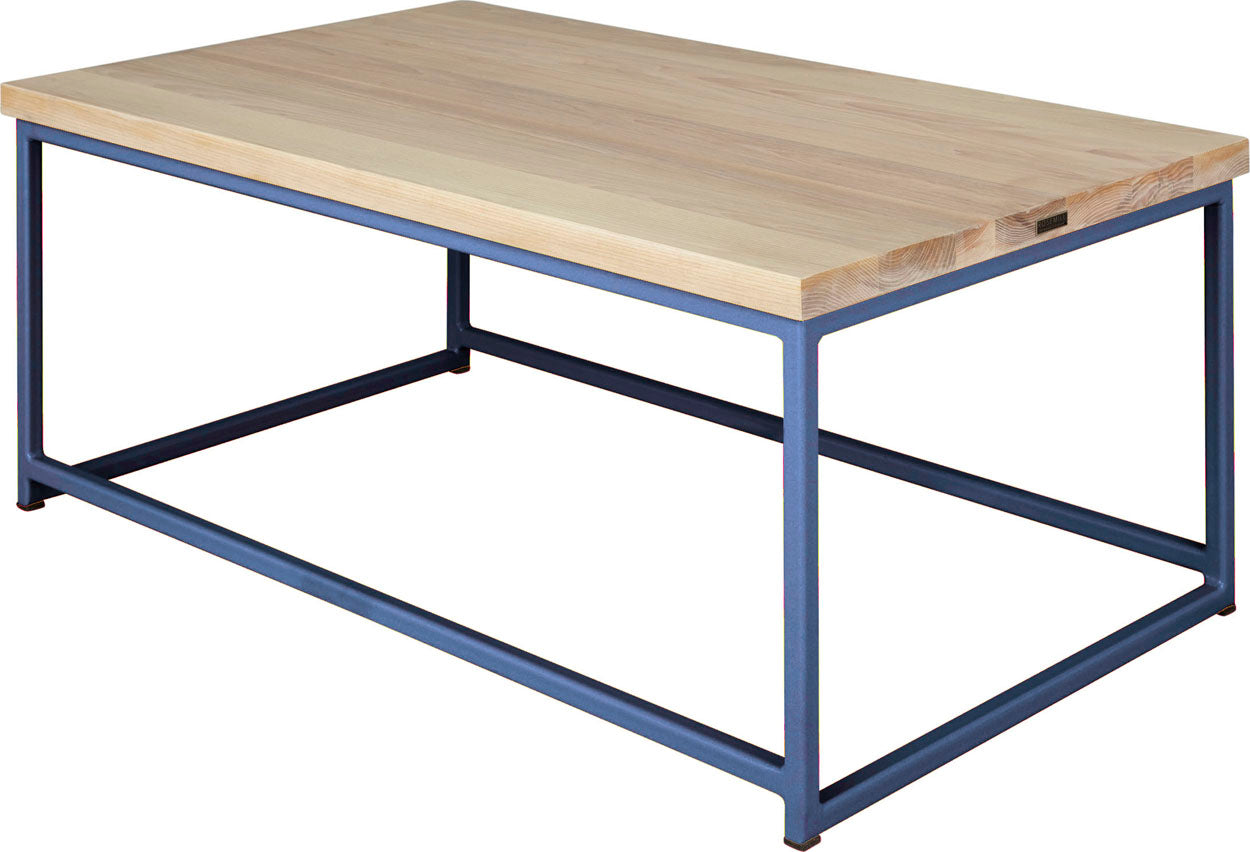 Blue metal table with whitewash stain ash wood made in UK - back side view square frame