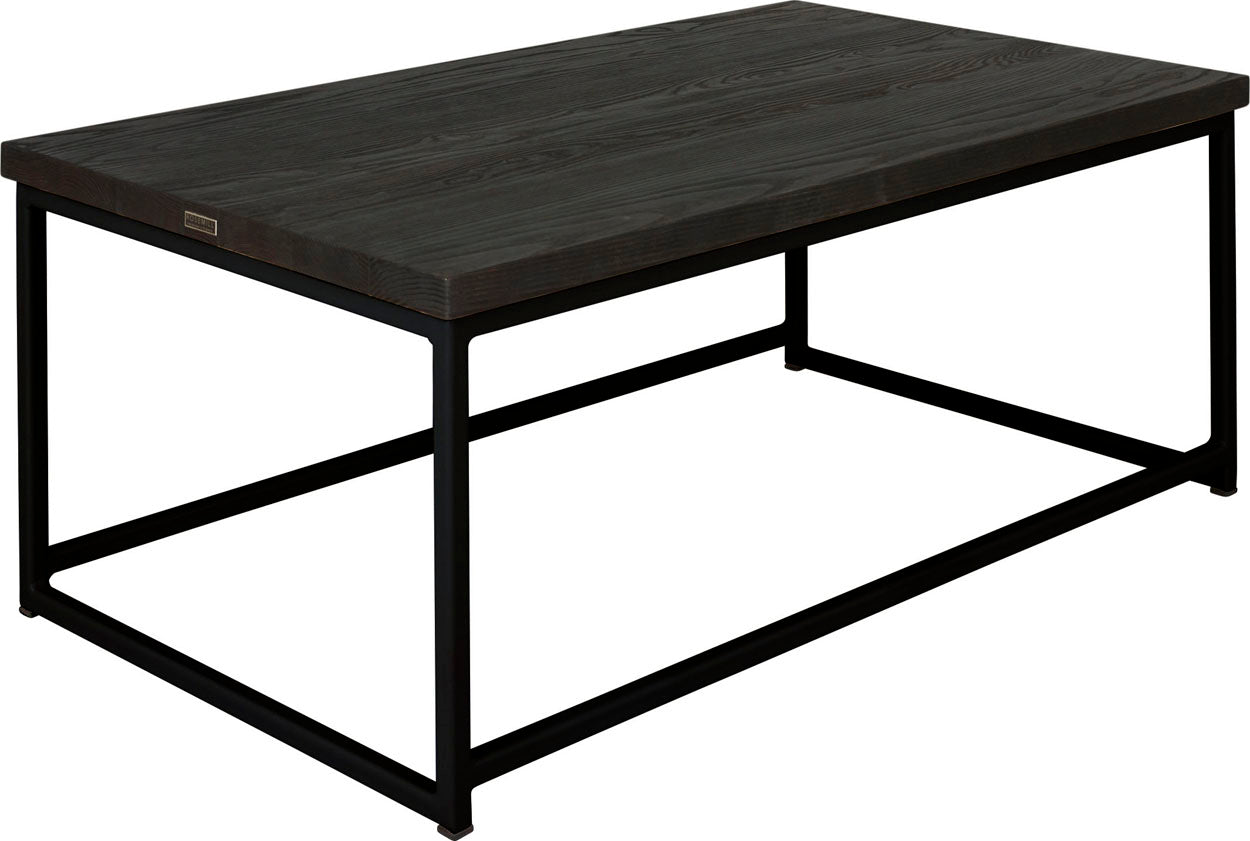 Black metal table with black stain ash wood made in UK - angle view square frame