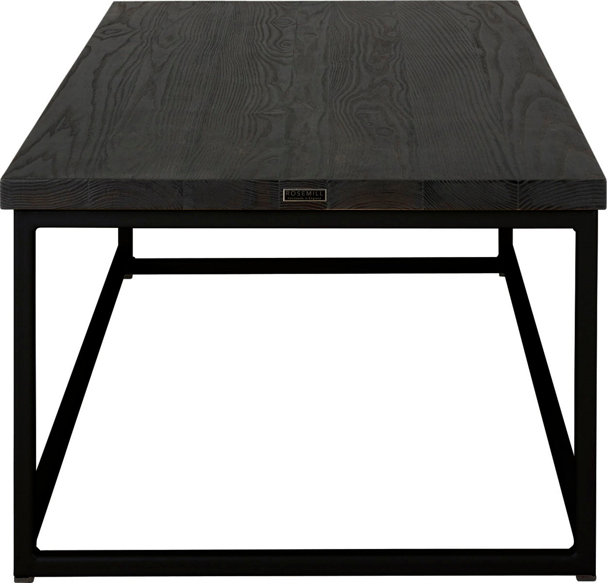 Black metal table with black stain ash wood made in UK - side view square frame