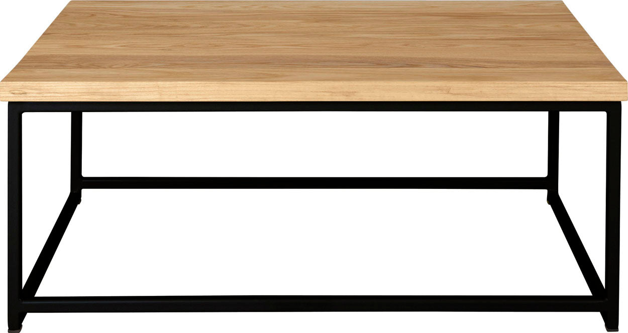 Black metal table with natural stain ash wood made in UK - front view square frame