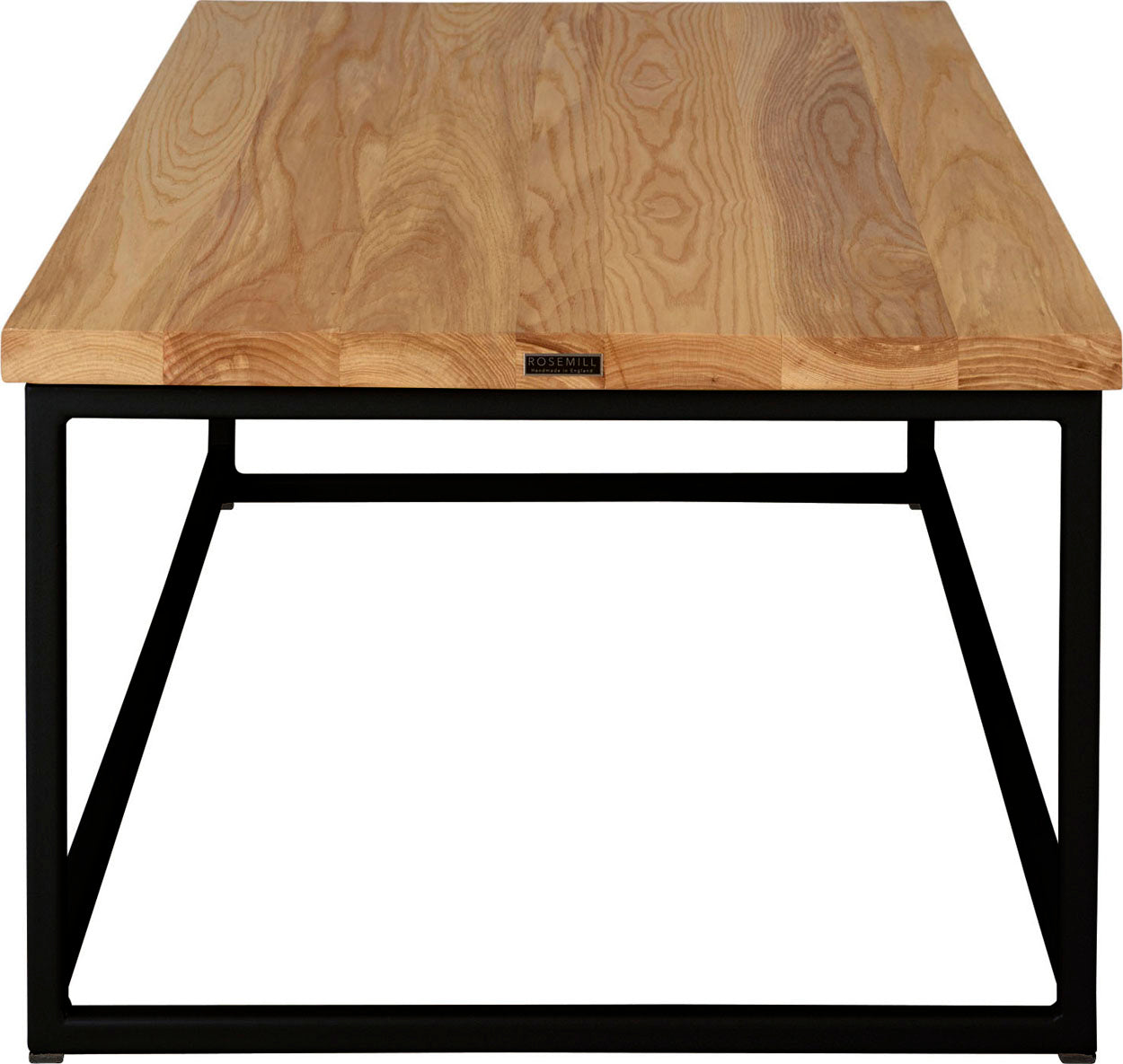 Black metal table with natural stain ash wood made in UK - side view square frame